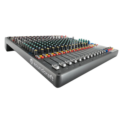 Signature Plus 16 analog mixer low-angle front view showing the row of channel faders from channel 1, color-coded mute and solo buttons and Soundcraft logo on the front edge, Soundcraft