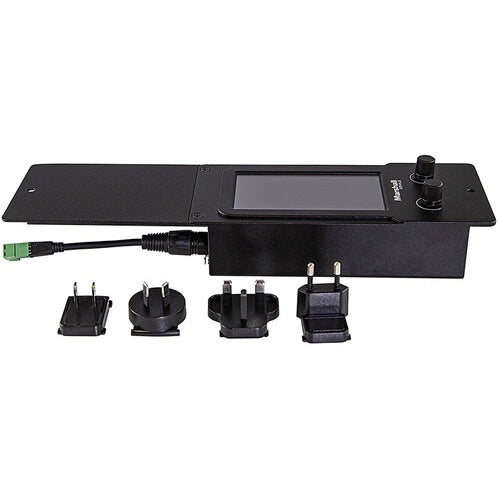 RCP-PLUS camera remote control panel with touchscreen and two rotary knobs, shown with attached cable and four interchangeable AC plug adapters, Marshall Electronics