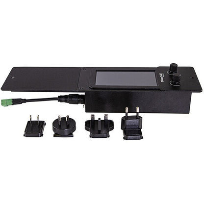 RCP-PLUS camera remote control panel with touchscreen and two rotary knobs, shown with attached cable and four interchangeable AC plug adapters, Marshall Electronics
