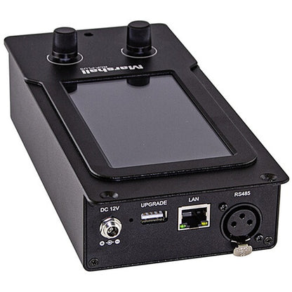 RCP-PLUS camera remote control panel angled rear view showing DC 12V input, USB upgrade port, LAN jack and RS485 XLR connector below the touchscreen, Marshall Electronics