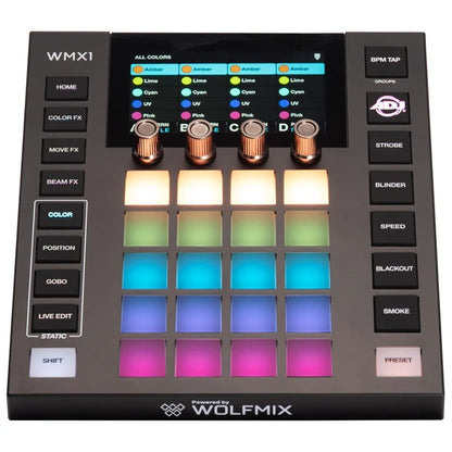WMX1 standalone DMX lighting controller front view with color menu on touchscreen and backlit 4x5 pad grid, ADJ