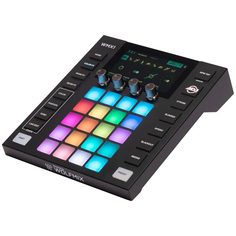 WMX1 DMX controller left angle view showing four encoder knobs, FX1 rainbow screen and multicolor pads, ADJ