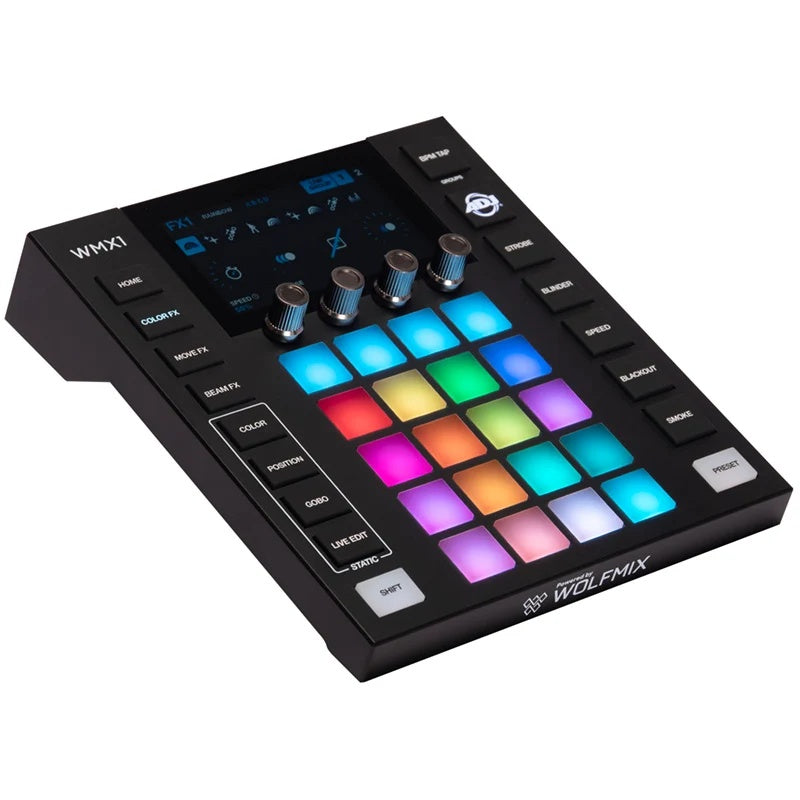 WMX1 DMX controller right angle view with BPM Tap, Strobe, Blinder and Blackout function buttons, ADJ