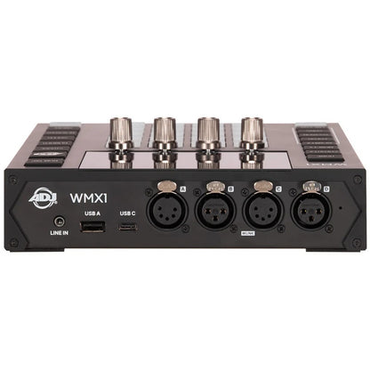 WMX1 rear panel detail showing four 5-pin DMX outputs A-D, USB A, USB C and line in jack, ADJ