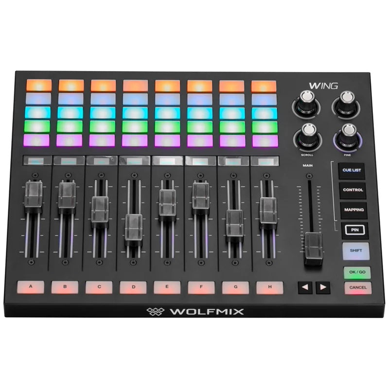 WMX318 Wolfmix Wing top view showing 40 RGB-backlit pads, eight channel faders and four encoders, ADJ