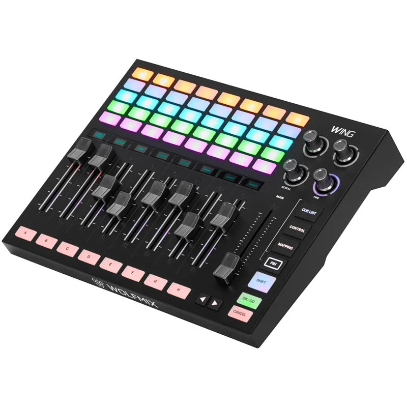 WMX318 Wolfmix Wing angled left view with illuminated pad matrix and Cue List, Control and Mapping buttons, ADJ