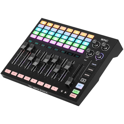 WMX318 Wolfmix Wing angled left view with illuminated pad matrix and Cue List, Control and Mapping buttons, ADJ