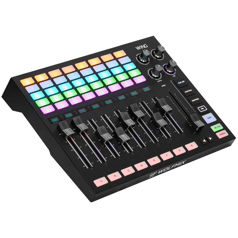 WMX318 Wolfmix Wing angled right view showing main fader, Shift, OK/GO and Cancel keys, ADJ