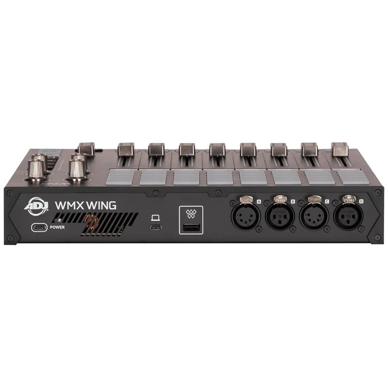WMX318 Wolfmix Wing rear panel with USB-C power, USB-C data, USB host port and four 3-pin DMX XLR outputs A-D, ADJ