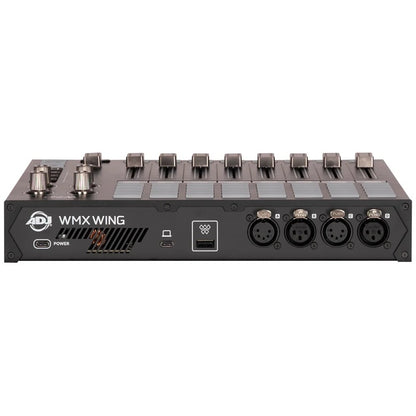 WMX318 Wolfmix Wing rear panel with USB-C power, USB-C data, USB host port and four 3-pin DMX XLR outputs A-D, ADJ