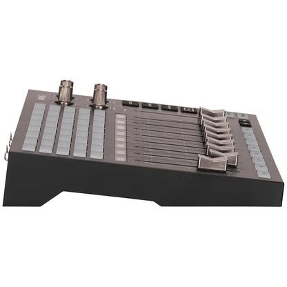 WMX318 Wolfmix Wing side profile showing wedge chassis, fader bank and knurled metal encoders, ADJ