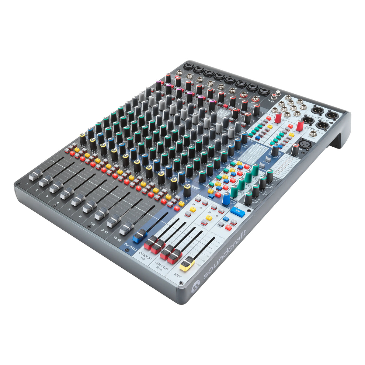 Signature Plus 12 analog mixer three-quarter view from front left showing channel faders, colored mute and PFL buttons and rear XLR connections, Soundcraft