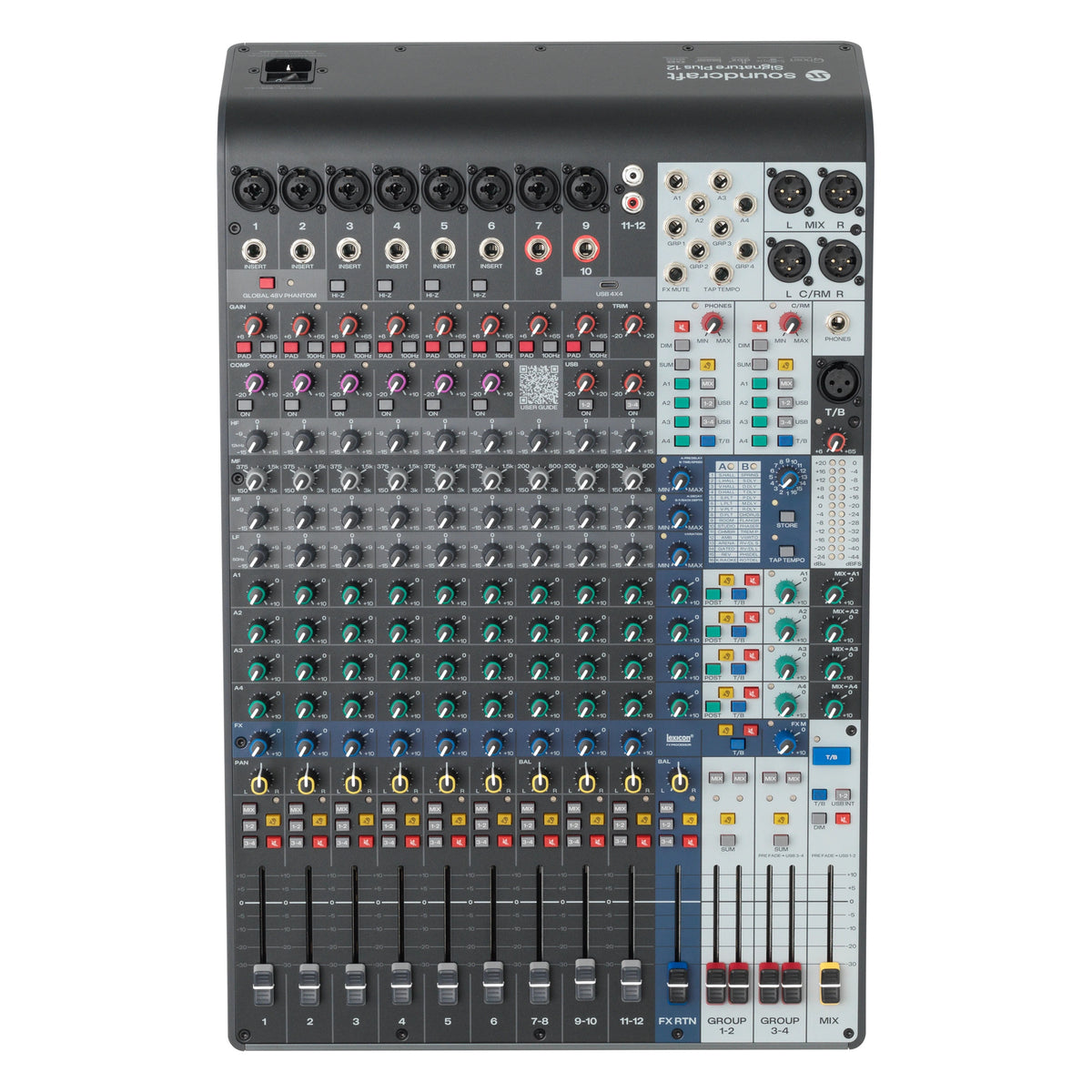 Signature Plus 12 analog mixer top-down view showing combo input jacks, channel strips, Lexicon effects section and group and mix faders, Soundcraft