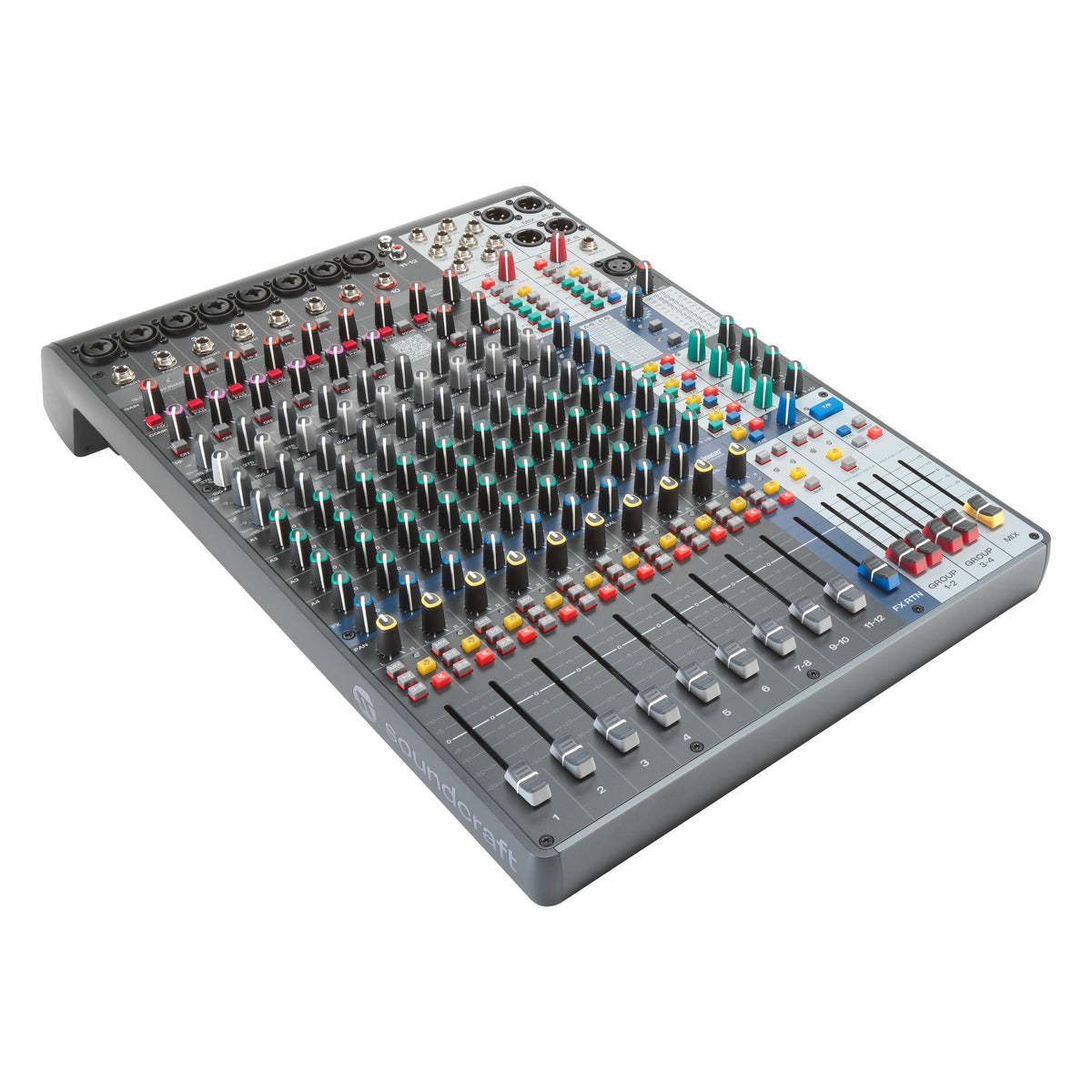 Signature Plus 12 analog mixer angled view from front right showing channel faders 1-12, FX return, group and mix faders and input jacks along the rear edge, Soundcraft