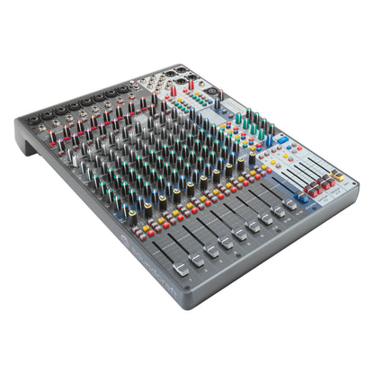 Signature Plus 12 analog mixer angled view from front right showing channel faders 1-12, FX return, group and mix faders and input jacks along the rear edge, Soundcraft
