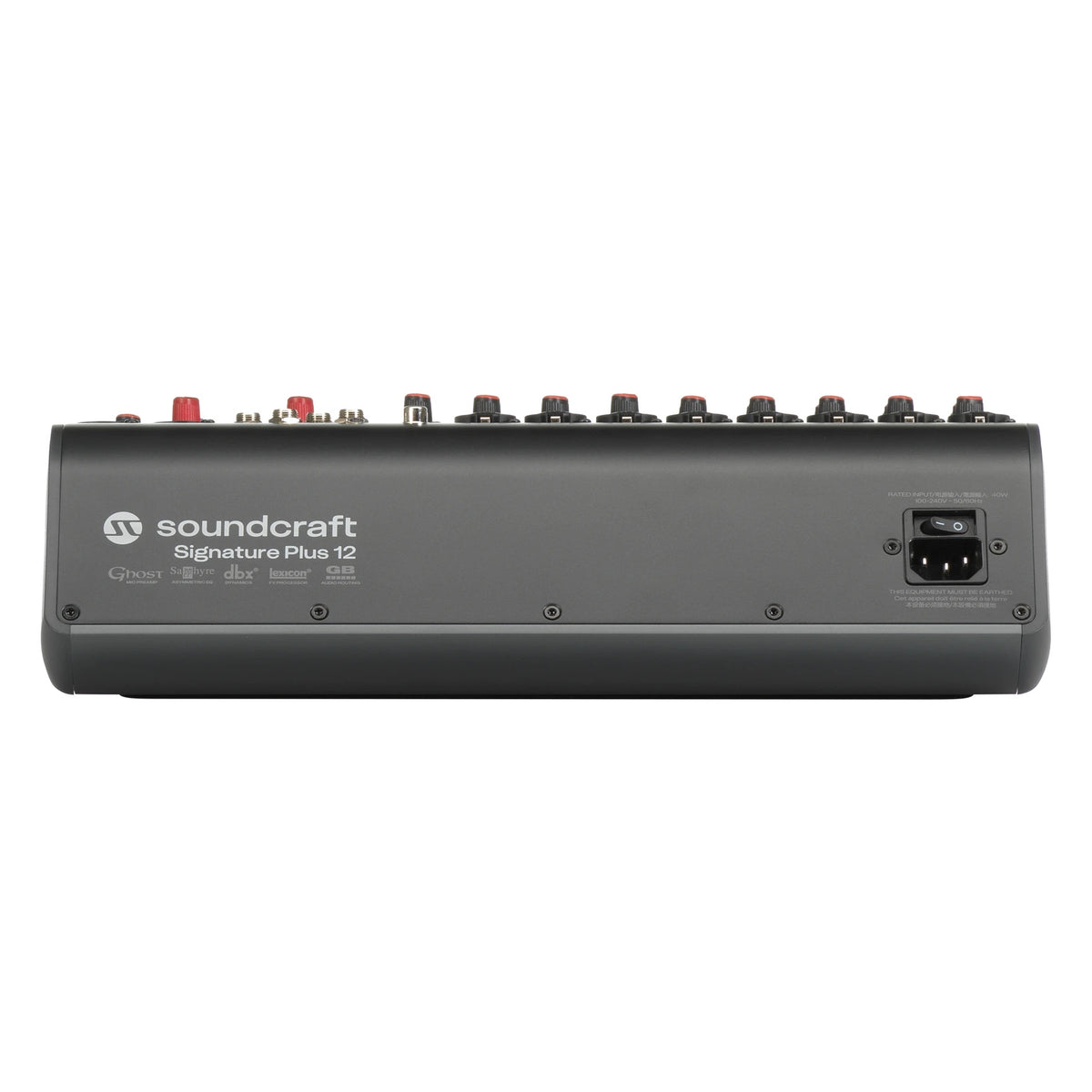 Signature Plus 12 analog mixer rear panel showing IEC power inlet with switch and model badge, Soundcraft