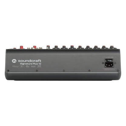 Signature Plus 12 analog mixer rear panel showing IEC power inlet with switch and model badge, Soundcraft