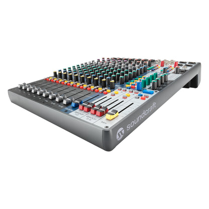 Signature Plus 12 analog mixer low angle right side view with Soundcraft logo on the chassis, yellow mix fader, red group faders and colored button rows, Soundcraft