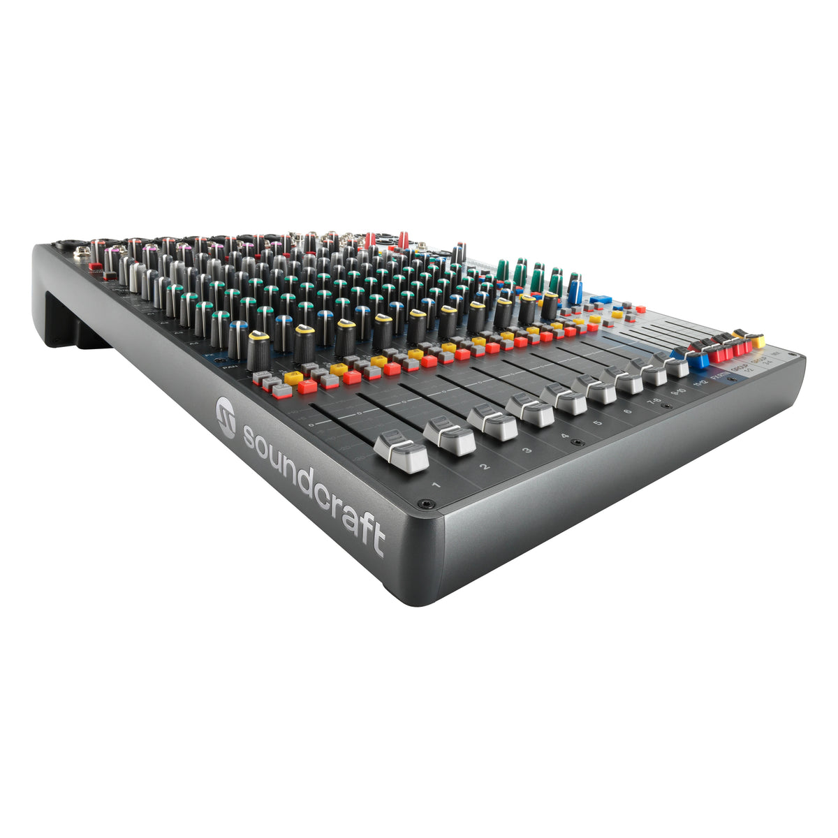 Signature Plus 12 analog mixer low angle left side view with Soundcraft logo on the chassis and channel faders and EQ knobs across the surface, Soundcraft