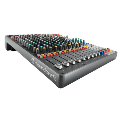 Signature Plus 12 analog mixer low angle left side view with Soundcraft logo on the chassis and channel faders and EQ knobs across the surface, Soundcraft