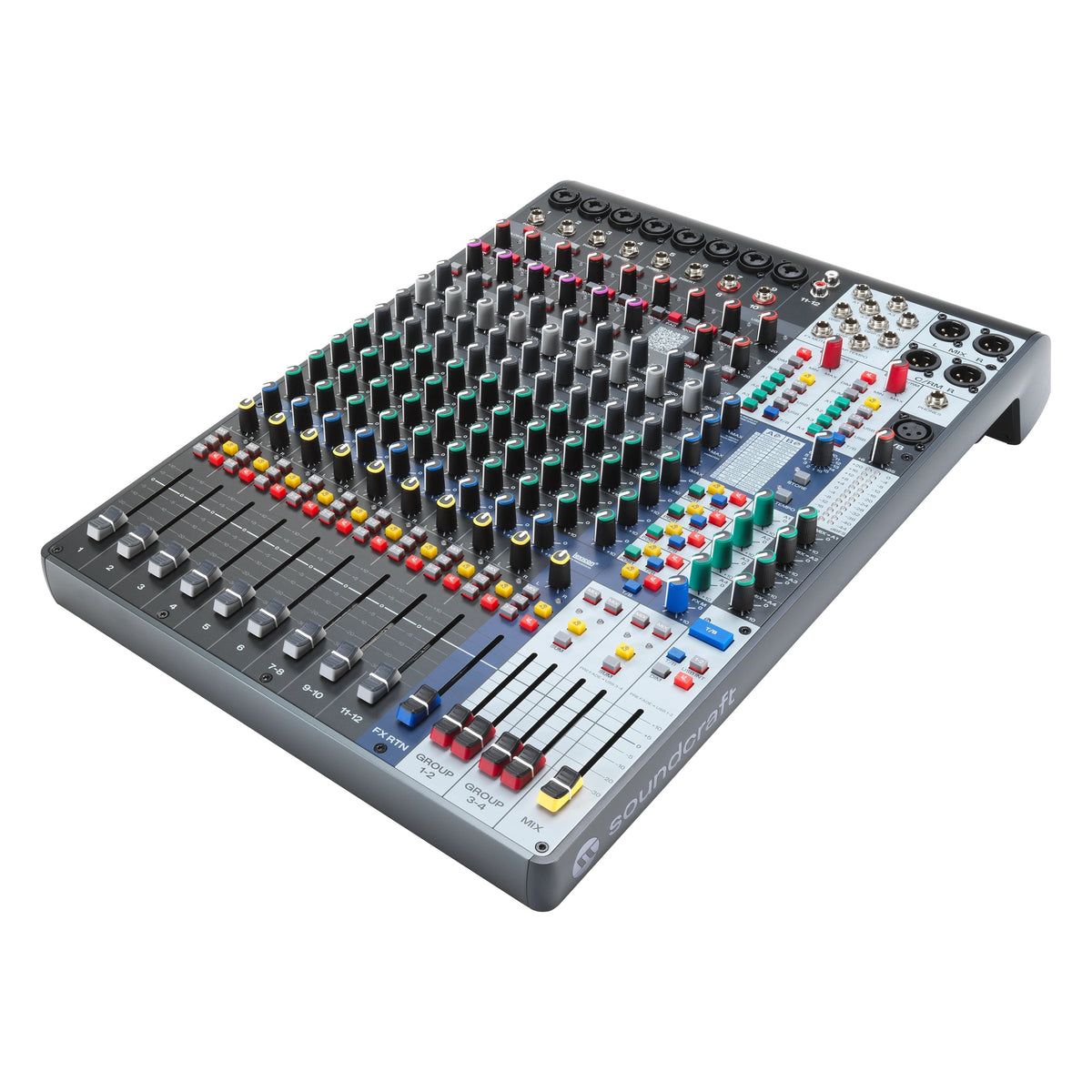 Signature Plus 12 analog mixer three-quarter view showing 12-channel layout, Lexicon effects section, group faders and XLR master outputs, Soundcraft