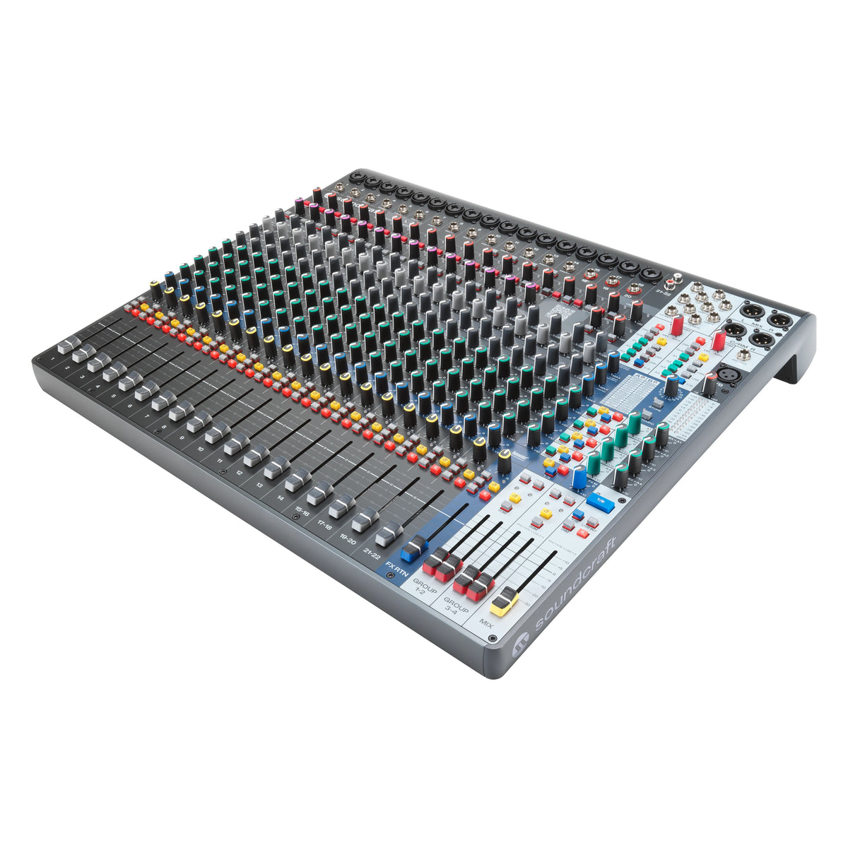 Signature Plus 22 three-quarter view from front right showing 22 channel faders, colour-coded EQ knobs and Group 1-2, Group 3-4 and Mix faders, Soundcraft