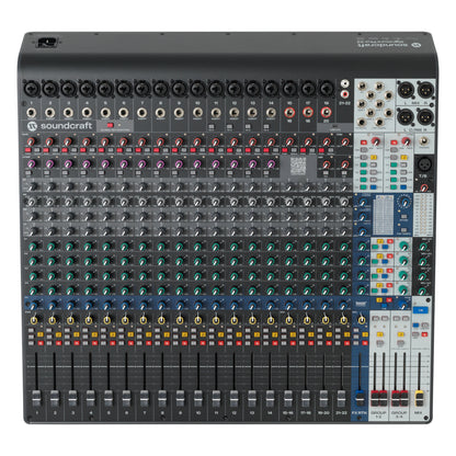Signature Plus 22 top-down view showing combo XLR/TRS inputs, channel strips, Lexicon effects section and master XLR outputs, Soundcraft