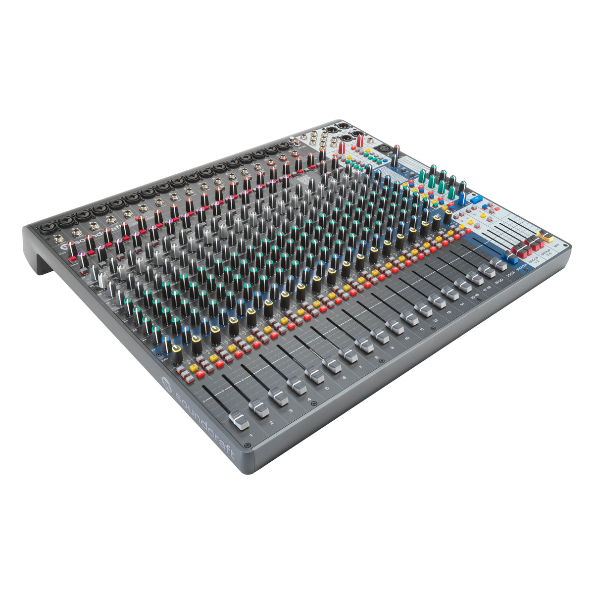 Signature Plus 22 three-quarter view from front left showing channel faders 1-22, mute buttons and input connectors along the back edge, Soundcraft