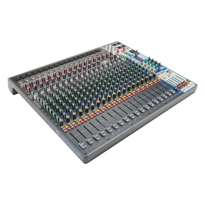 Signature Plus 22 three-quarter view from front left showing channel faders 1-22, mute buttons and input connectors along the back edge, Soundcraft