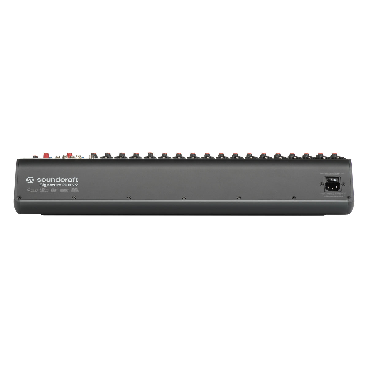 Signature Plus 22 rear panel showing IEC mains inlet with power switch, model badge and row of rear connectors, Soundcraft