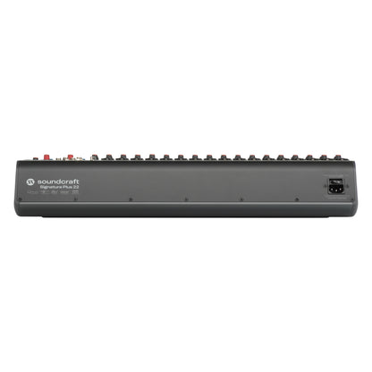 Signature Plus 22 rear panel showing IEC mains inlet with power switch, model badge and row of rear connectors, Soundcraft