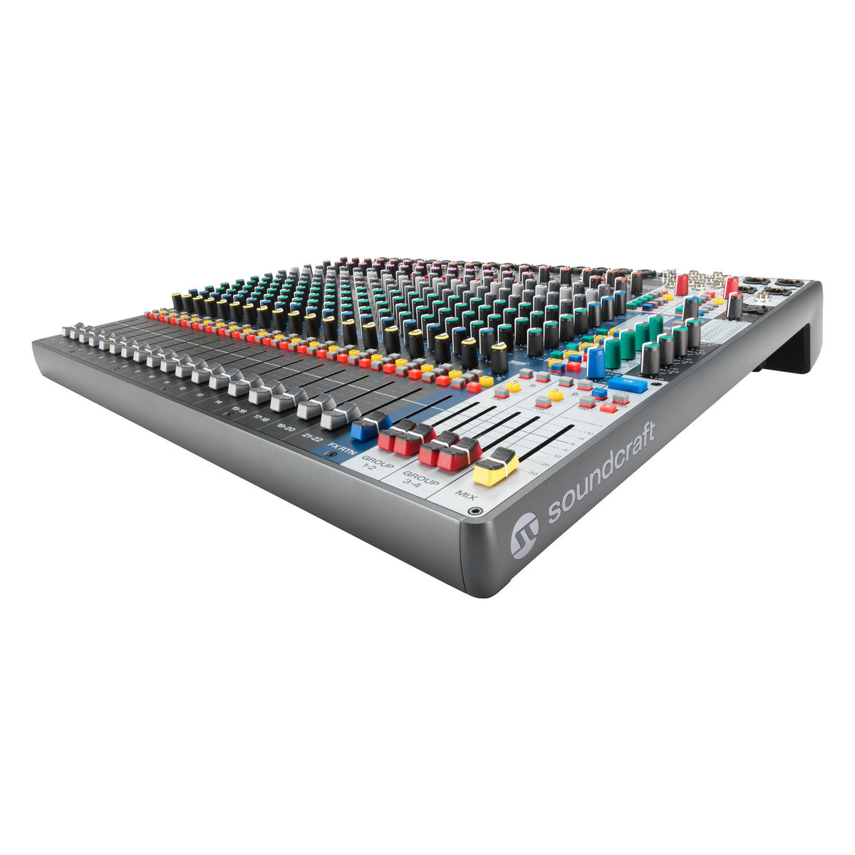 Signature Plus 22 low-angle right side view showing Soundcraft logo on the side cheek and FX Return, Group and Mix faders, Soundcraft