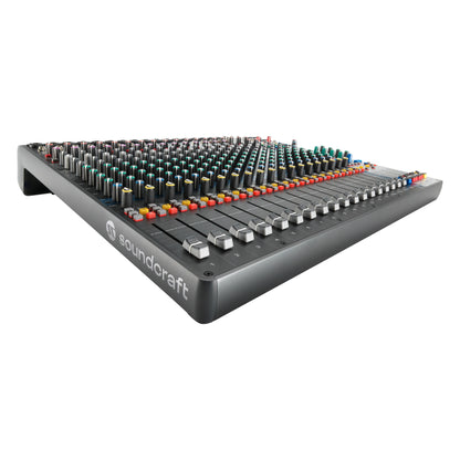 Signature Plus 22 low-angle left side view showing Soundcraft logo on the side cheek and channel 1 fader leading the fader row, Soundcraft
