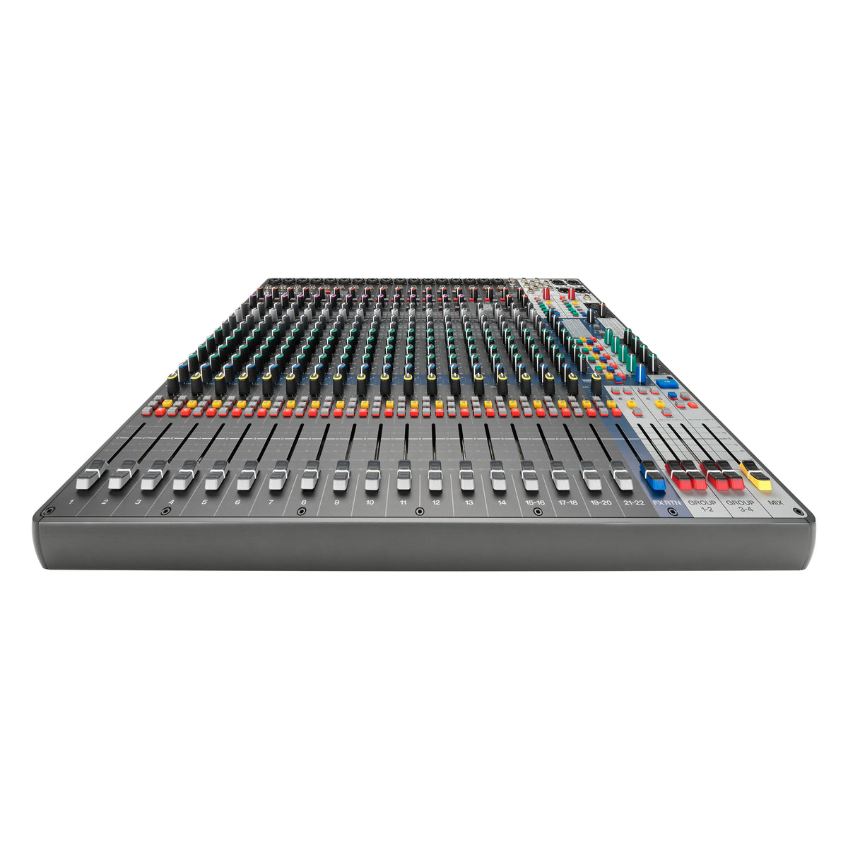 Signature Plus 22 front view showing labelled fader row from channel 1 to 21-22, FX RTN, Group 1-2, Group 3-4 and Mix faders, Soundcraft
