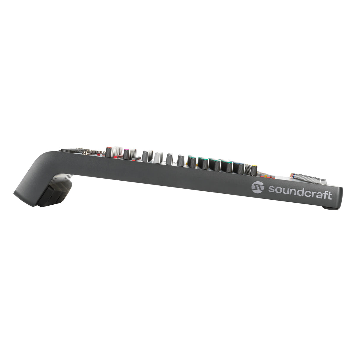 Signature Plus 22 left side profile showing sloped chassis, Soundcraft logo and raised rear connector section, Soundcraft