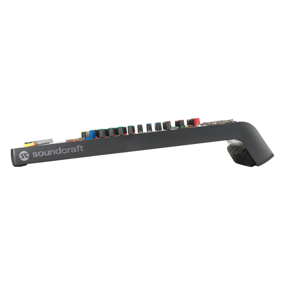Signature Plus 22 right side profile showing sloped chassis, Soundcraft logo and angled rear connector section, Soundcraft