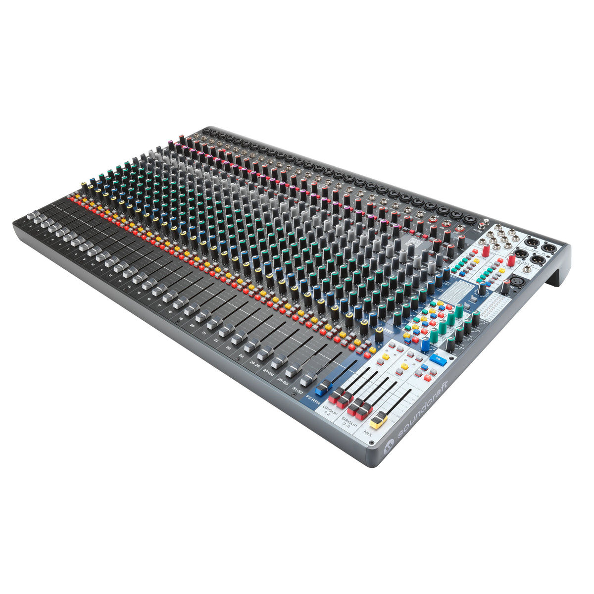 Signature Plus 32 angled view from the master section end showing 32 channel strips, color-coded knobs and group and mix faders, Soundcraft