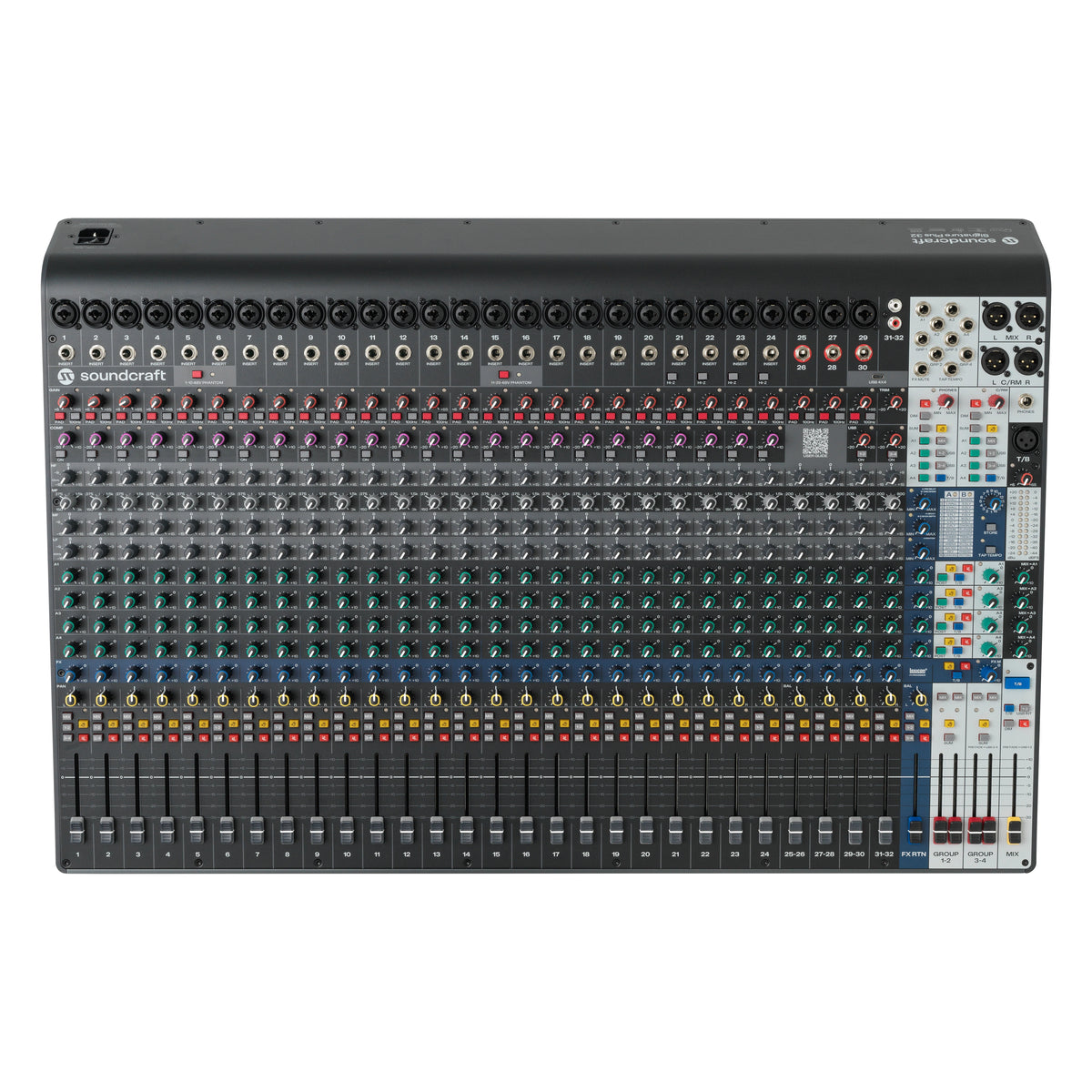 Signature Plus 32 top-down view showing XLR and TRS inputs across the top, channel strips with faders, and master section with Lexicon effects, Soundcraft