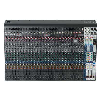 Signature Plus 32 top-down view showing XLR and TRS inputs across the top, channel strips with faders, and master section with Lexicon effects, Soundcraft