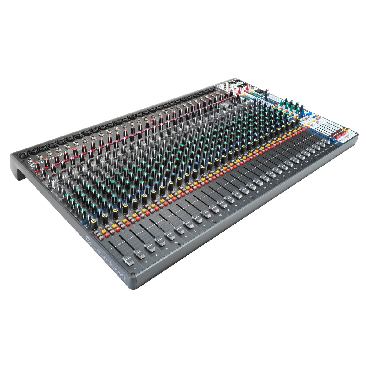 Signature Plus 32 angled view from the channel 1 end showing the full row of channel faders and color-coded EQ knobs, Soundcraft