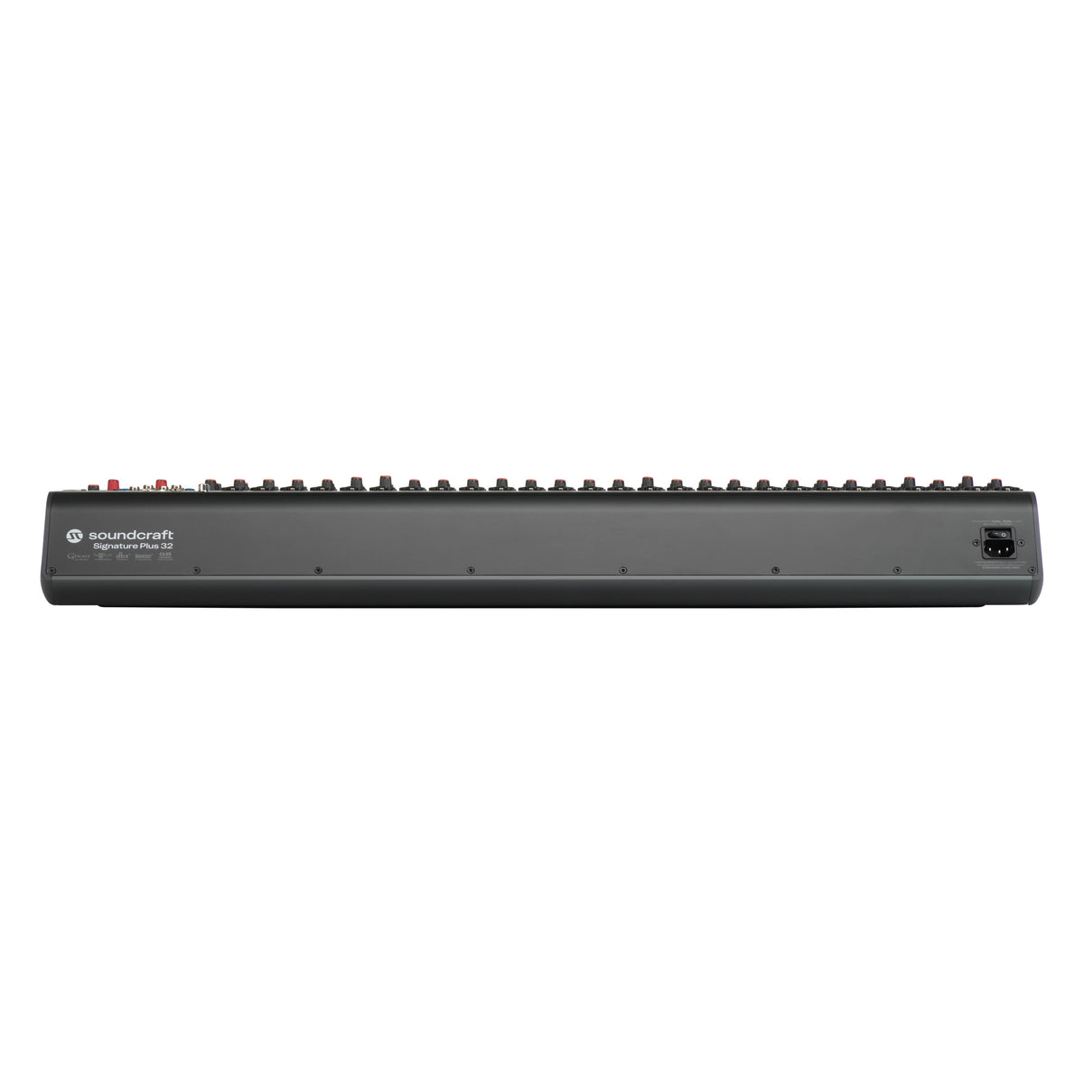Signature Plus 32 rear panel showing IEC power inlet with power switch and Soundcraft logo and model badge, Soundcraft