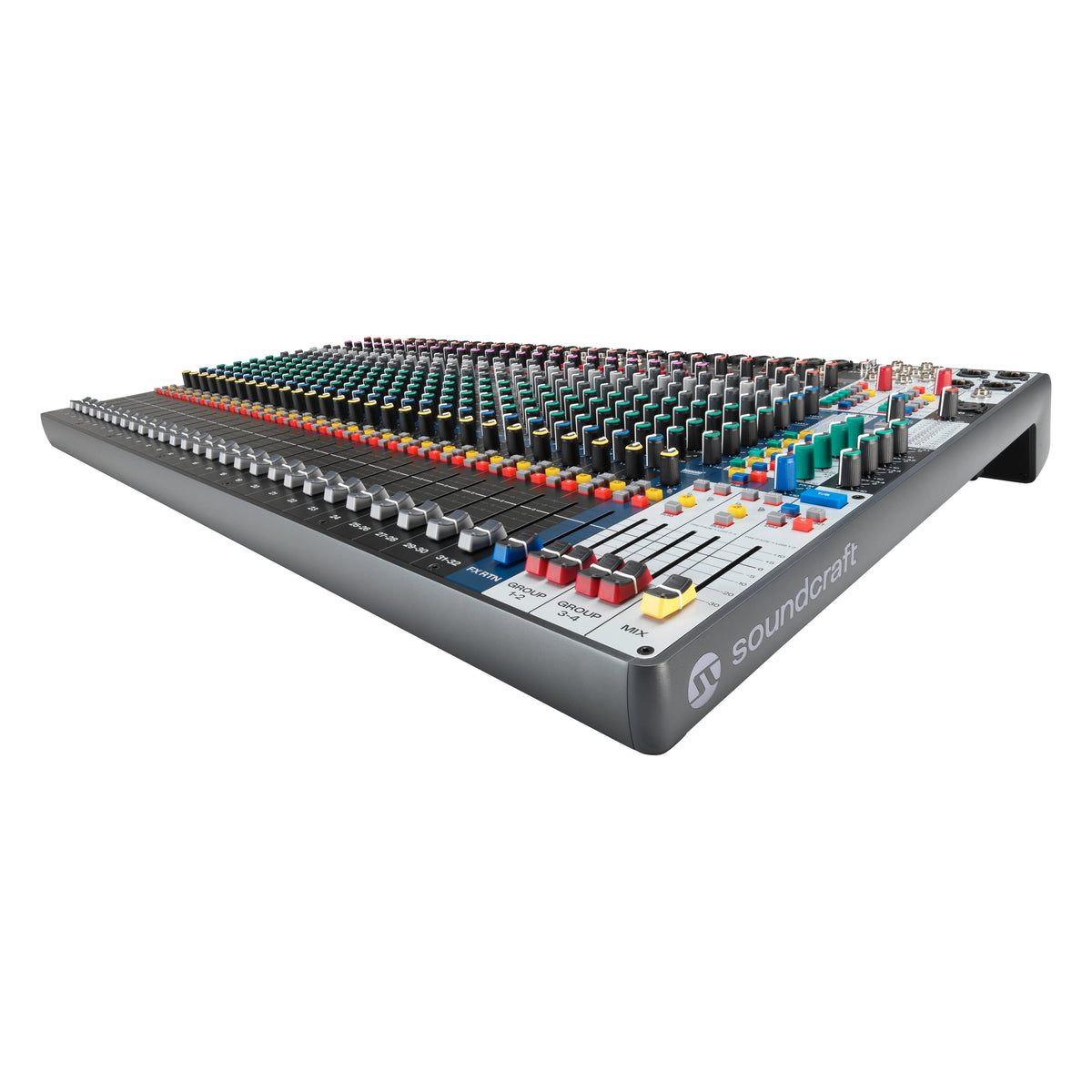 Signature Plus 32 low-angle view of the master section showing FX return, group 1-2, group 3-4 and mix faders with the Soundcraft logo on the side, Soundcraft