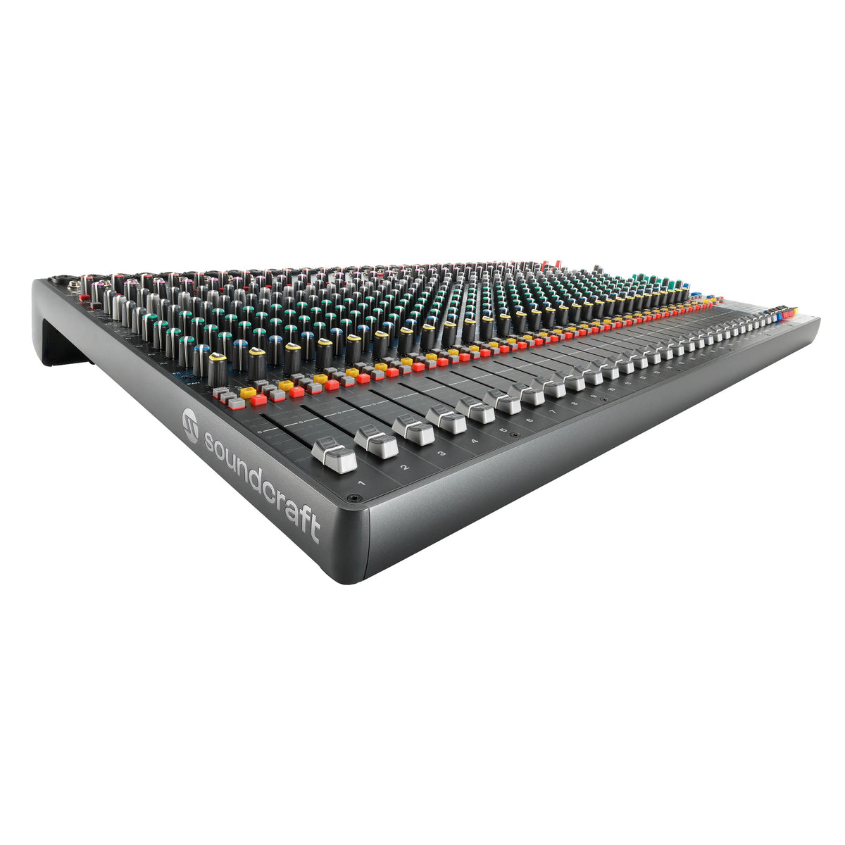 Signature Plus 32 low-angle view of channel 1 end showing input channel faders, mute and PFL buttons and the Soundcraft logo on the chassis, Soundcraft