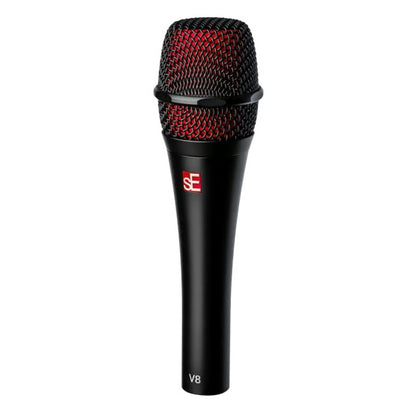 V8 handheld vocal microphone front view showing red-lined black mesh grille, red sE logo badge and V8 marking on matte black body, sE Electronics