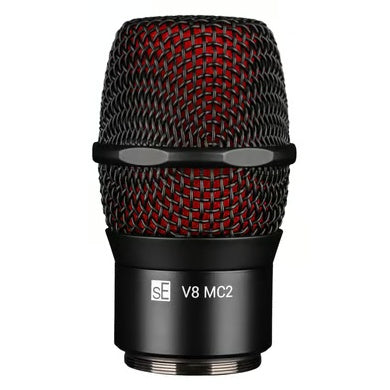 V8 MC2 supercardioid mic capsule front view with red inner mesh under black outer grille and sE logo on matte black body, sE Electronics