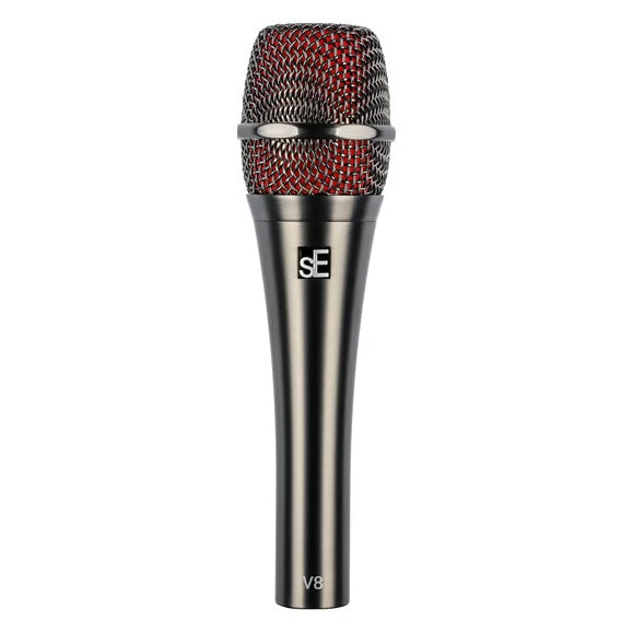 V8 handheld vocal microphone front view on white background showing red-lined mesh grille, graphite gray body and sE logo, sE Electronics