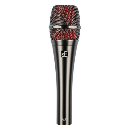 V8 handheld vocal microphone front view on white background showing red-lined mesh grille, graphite gray body and sE logo, sE Electronics
