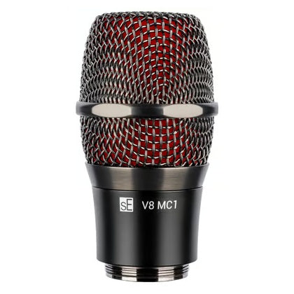 V8 supercardioid mic capsule for Shure front view showing red-lined mesh grille, graphite gray ring and V8 MC1 label on the black body with threaded base, sE Electronics