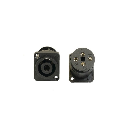 Ace Backstage C-15134 4-pole SpeakON panel connector shown from the front and rear screw terminal side