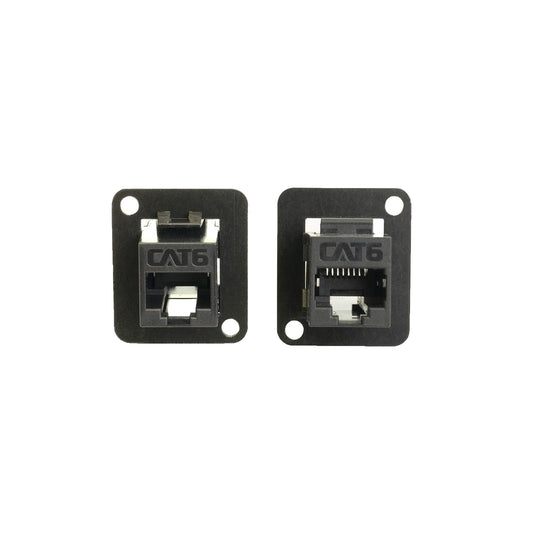 Ace Backstage C-25136 shielded CAT6 feed-thru panel connector shown from both sides in black D-style housing